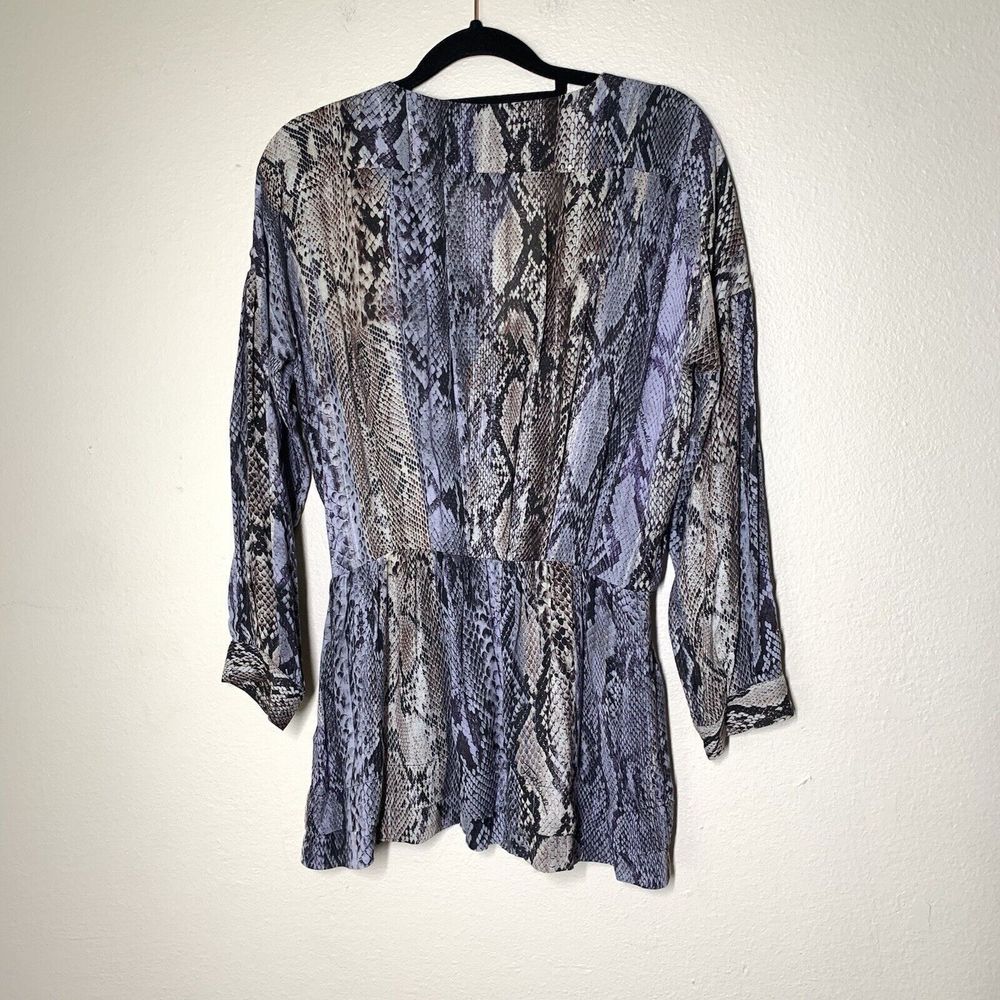 Just Cavalli Snakeskin Print Long Sleeve Blouse 40 Sm Ruffle V-Neck Purple Gray - Picture 5 of 8